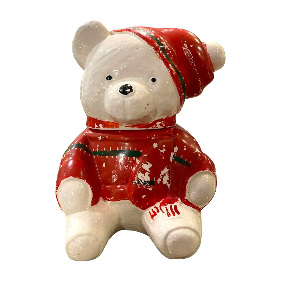 VTG Ceramic‎ White Teddy Bear in Red Sweater Decorative Canister Jar 11.5in Tall